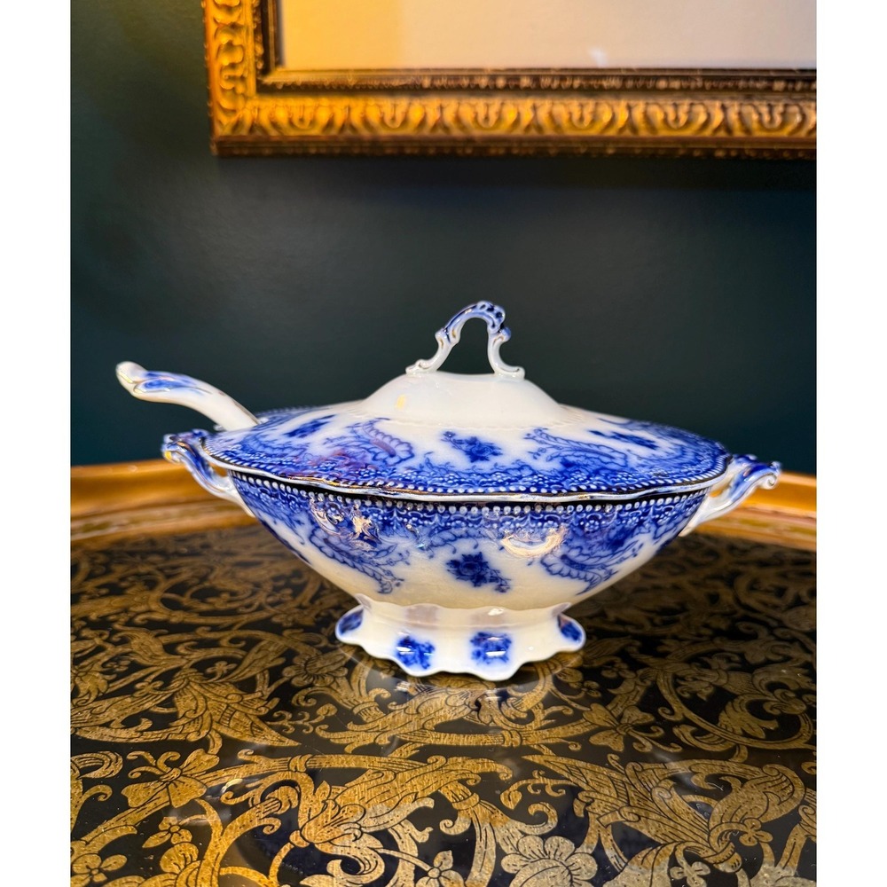 Rare Flow Blue Tureen:‎ Antique Staffordshire Ashburton Pattern with Ladle